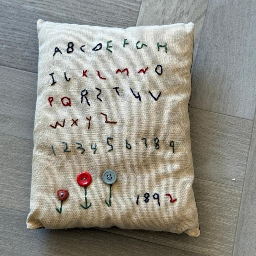 Handmade Primitive Pillow Embroidered‎ Alphabet Numbers 1892 Plaid Back Folk Art
